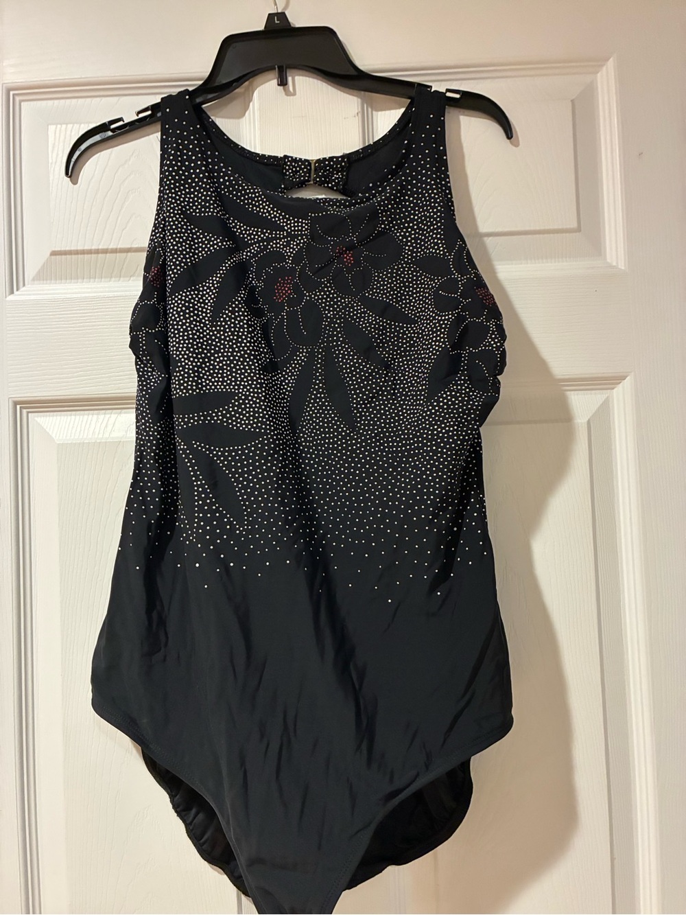 Delta Burke Black Floral-Print Swim Bodysuit with Silver Rhinestones